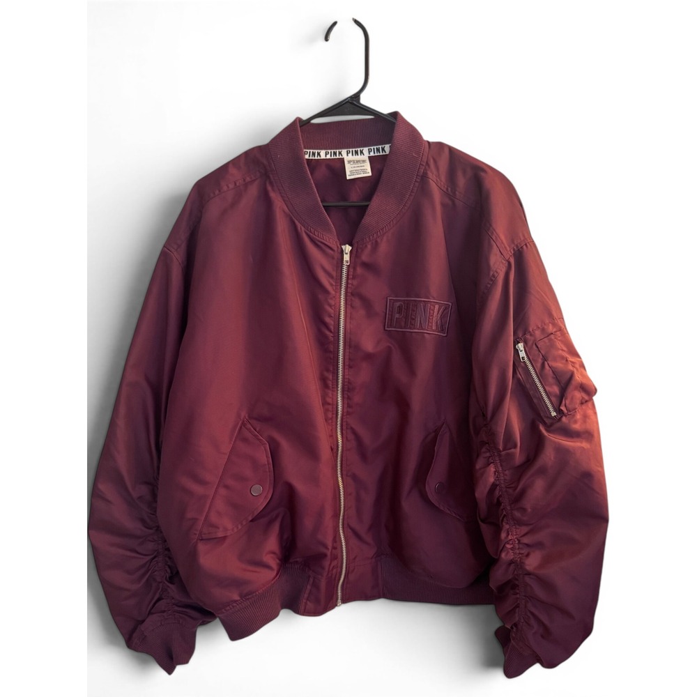 PINK Bomber Jacket Women L Burgundy Victoria's Secret Ruched Sleeve Zip Up